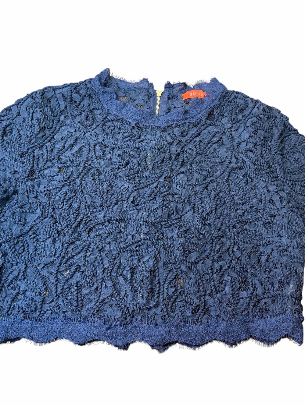 Banjul Navy Blue Floral Lace Top Scalloped Short Sleeve Back Zip Womens